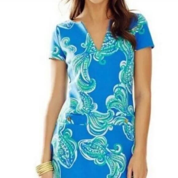 Lily Pulitzer Layton Blue Crush Shift Dress She Got Sole V-Neck Gold $198 XS - Picture 1 of 9